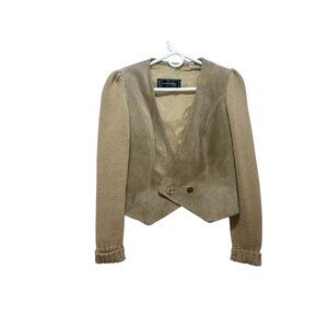 90s David Benjamin Suede Leather Crop Jacket Large Knit Sleeve Peasant Prairie